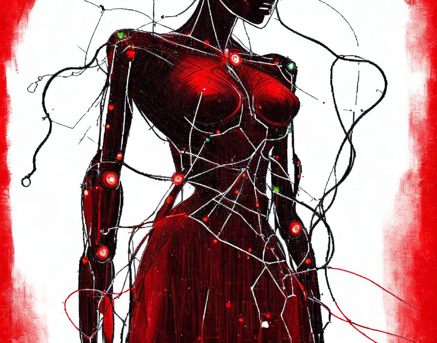 Stylized red and black female android illustration on white background