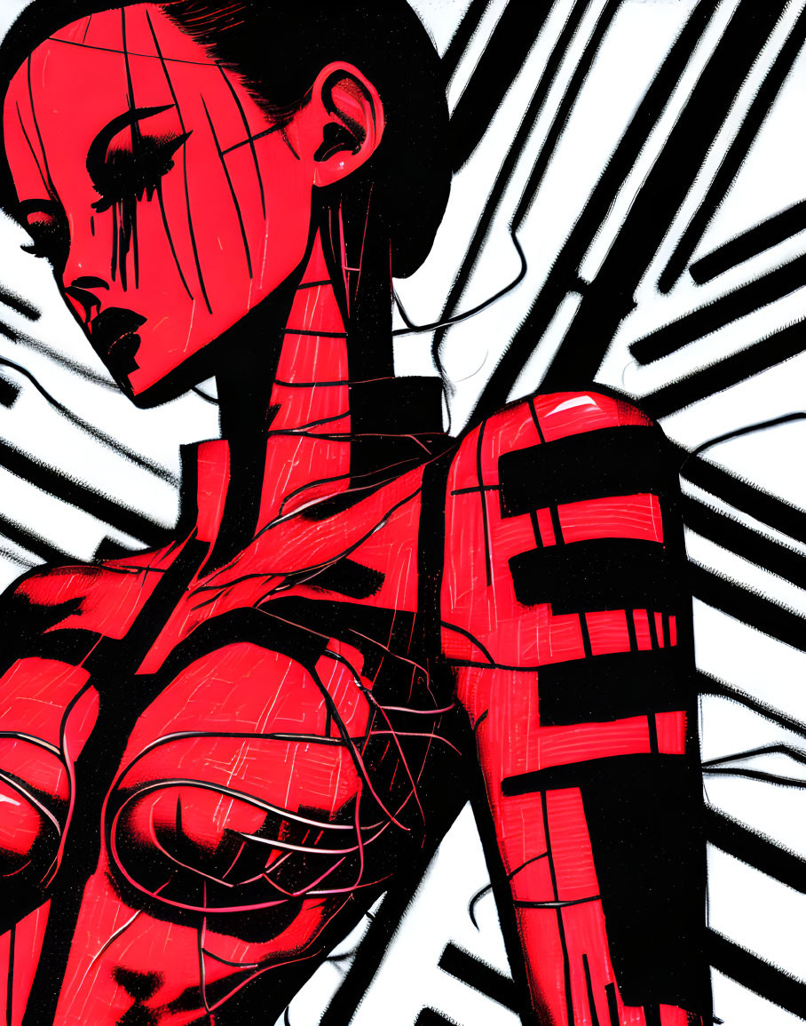 Stylized red and black cybernetic woman illustration with linear background