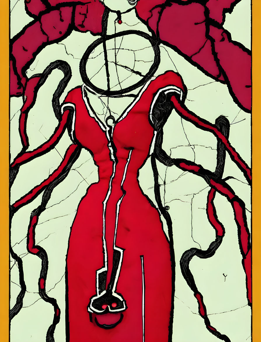 Stylized illustration: Figure in red dress with black accents on yellow background