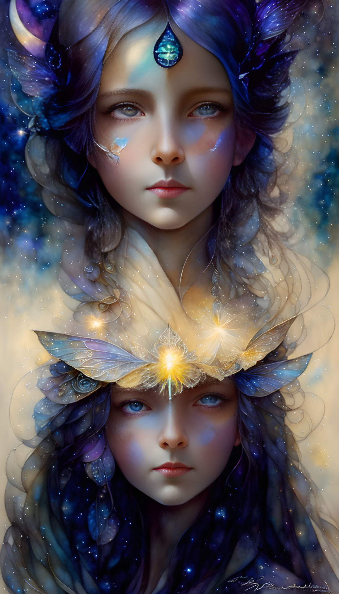 Digital Artwork: Ethereal Female Figures with Butterfly Wing Hair, Celestial Motifs, and Gl