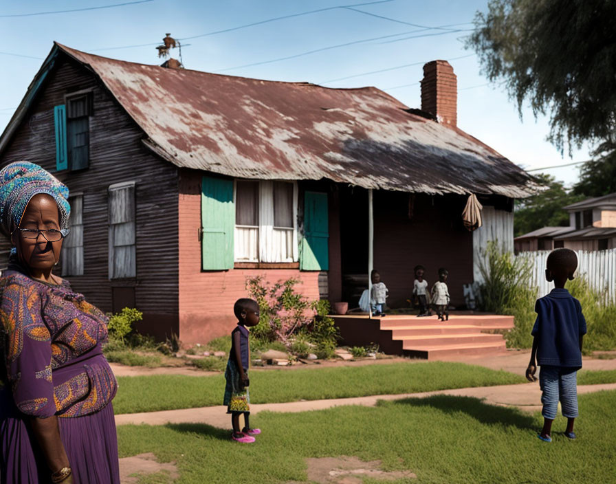 Elderly woman in traditional attire with children playing by rustic house