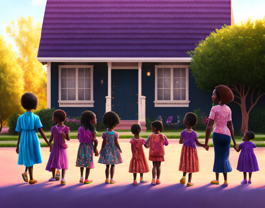 Animated children walking towards house with purple roof at dusk led by woman