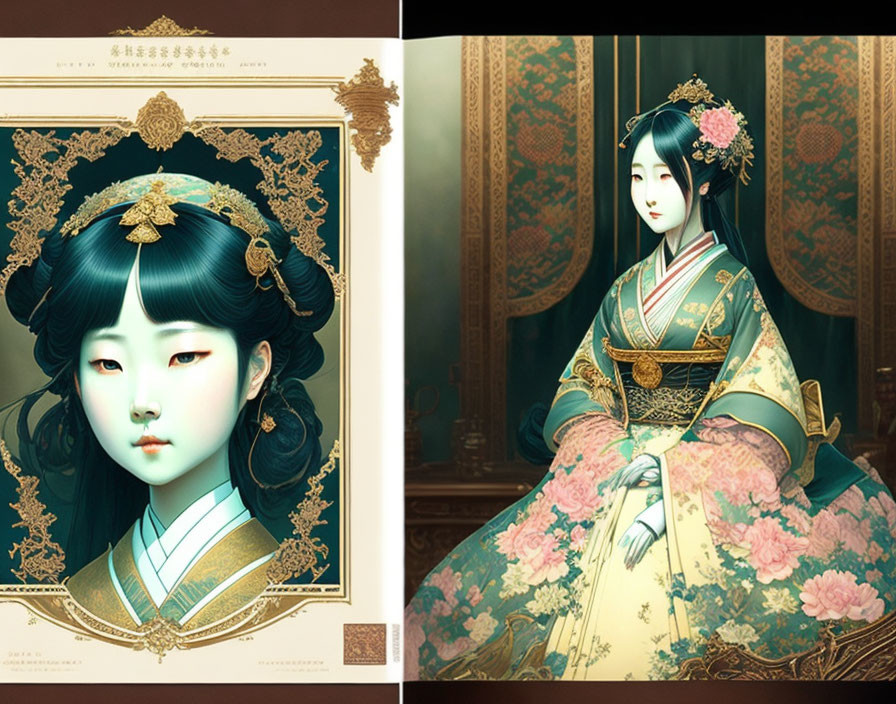 Traditional East Asian Attire Illustration of Elegant Woman in Luxurious Room