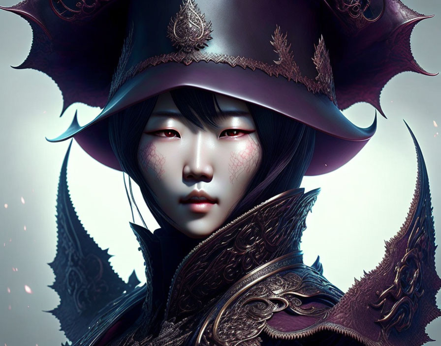 Digital artwork: Asian woman in ornate fantasy armor & decorative hat