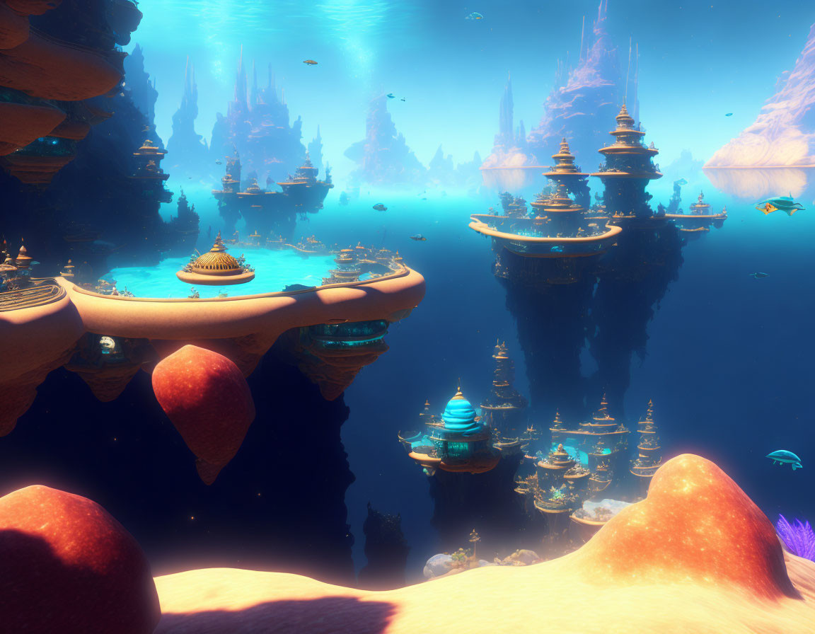 Futuristic underwater scene with rock islands and marine life