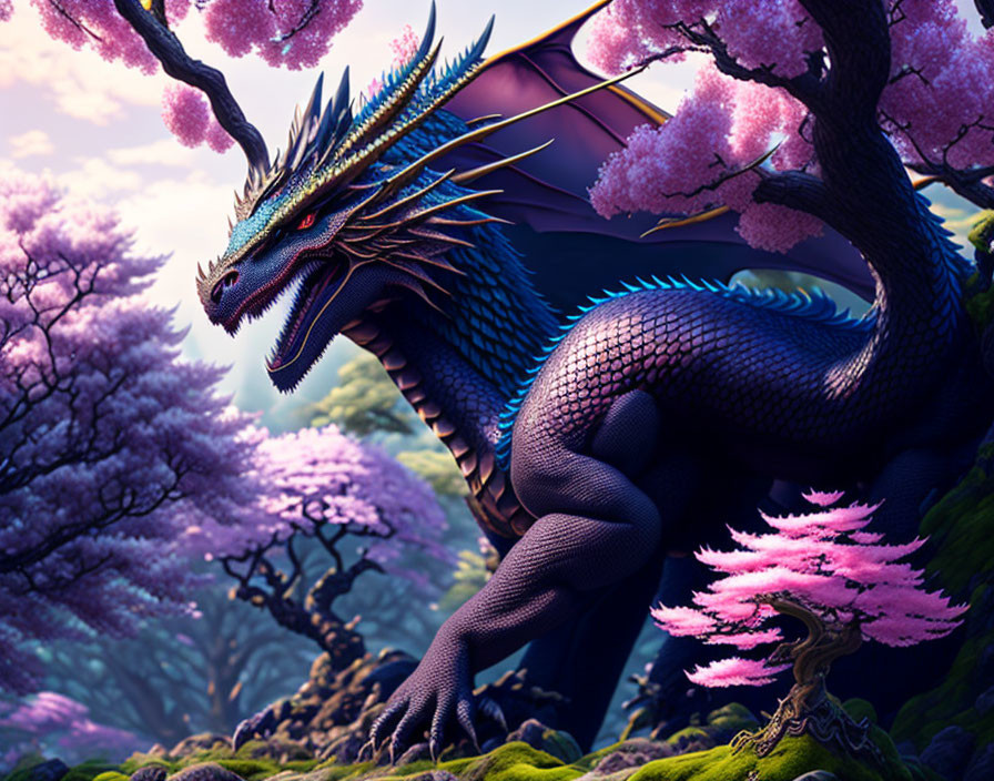 Blue Dragon Surrounded by Pink Cherry Blossoms in Mystical Forest