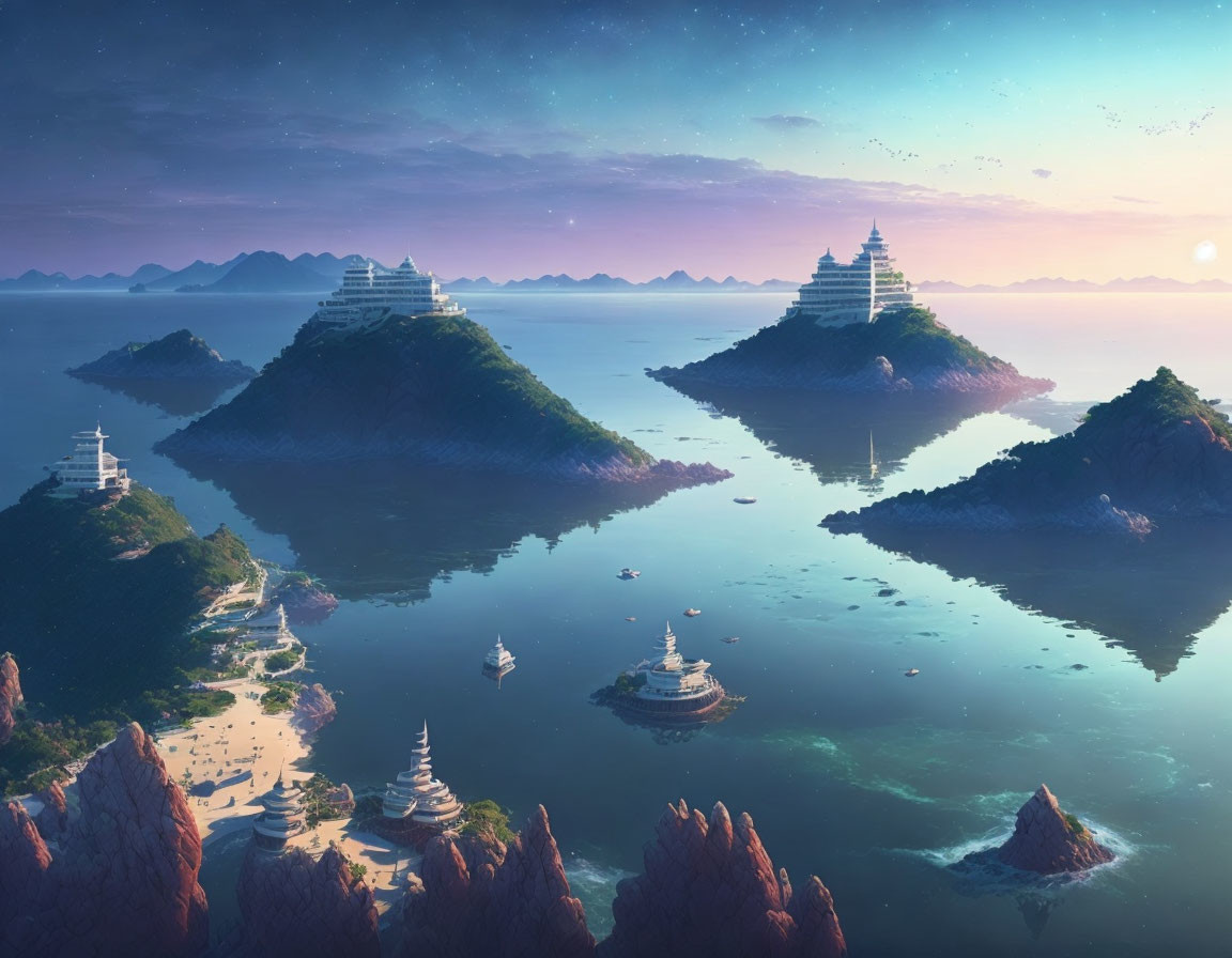 Tranquil seascape with pagodas, lush islands, small boats, sunset, starry