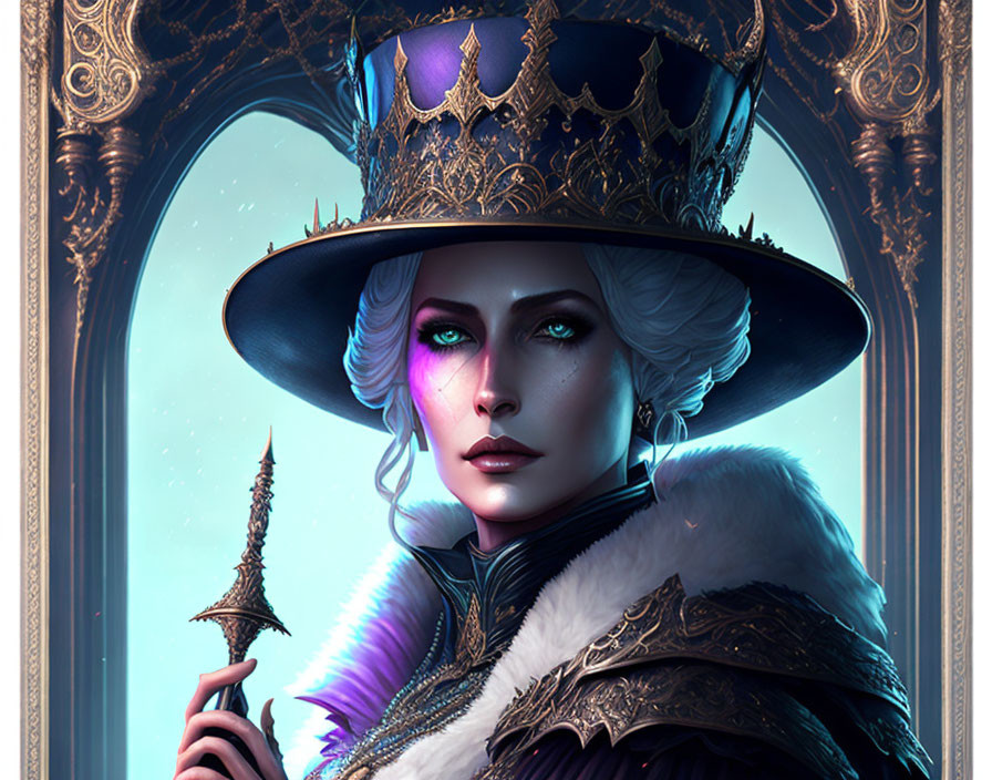 Regal woman with mystical aura in top hat and fur-trimmed cloak