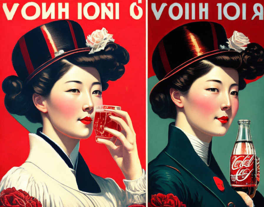 Vintage-style illustration of woman in traditional Japanese attire holding cola glass; mirrored image with cola bottle.