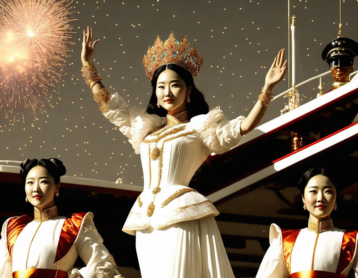 Group of Women in Traditional Costumes with Crown and Fireworks