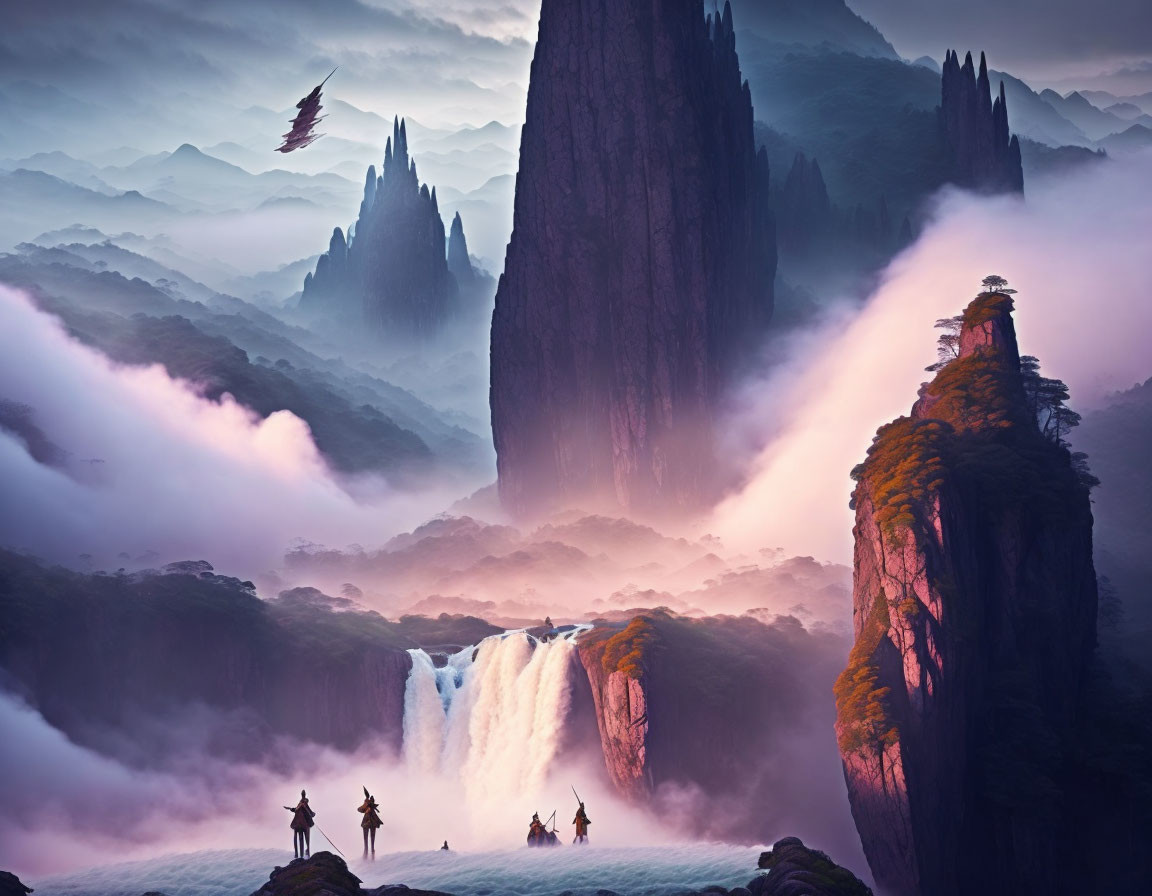 Mystical landscape with towering peaks and waterfall