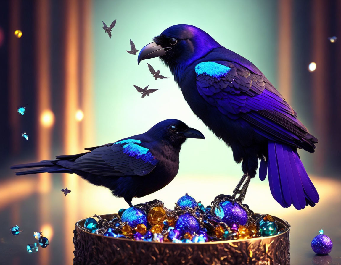 Vibrant blue ravens with shining treasures in mystical ambiance