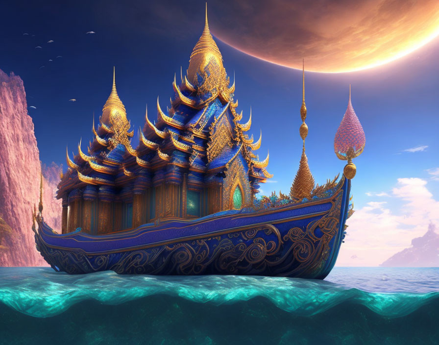 Ornate golden and blue temple boat on serene ocean with moon and cliffs