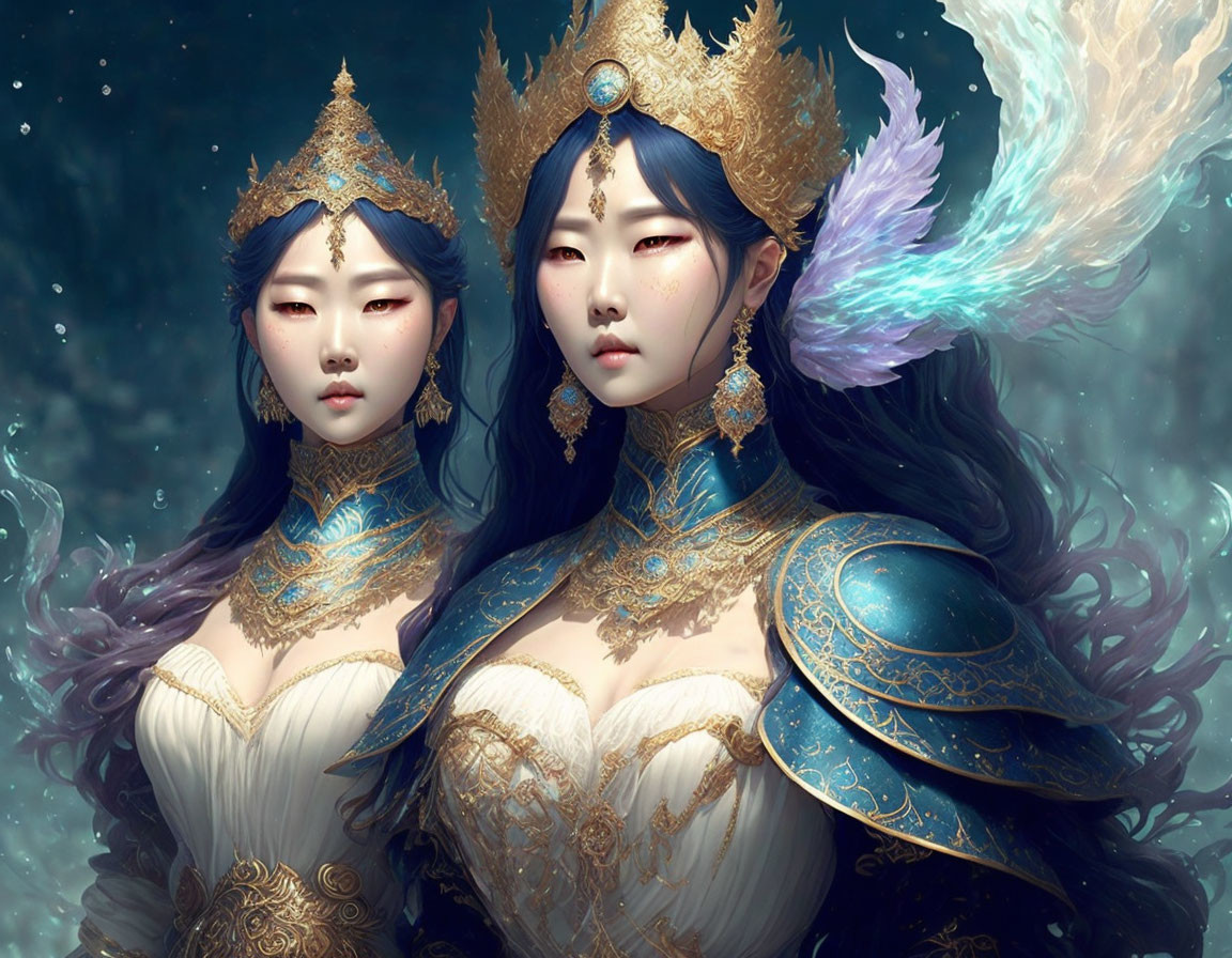 Ethereal women in golden crowns and elegant armor underwater