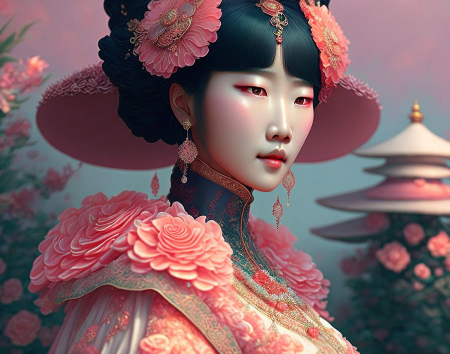 Digital artwork of woman in traditional Asian attire with pink floral elements and gold jewelry