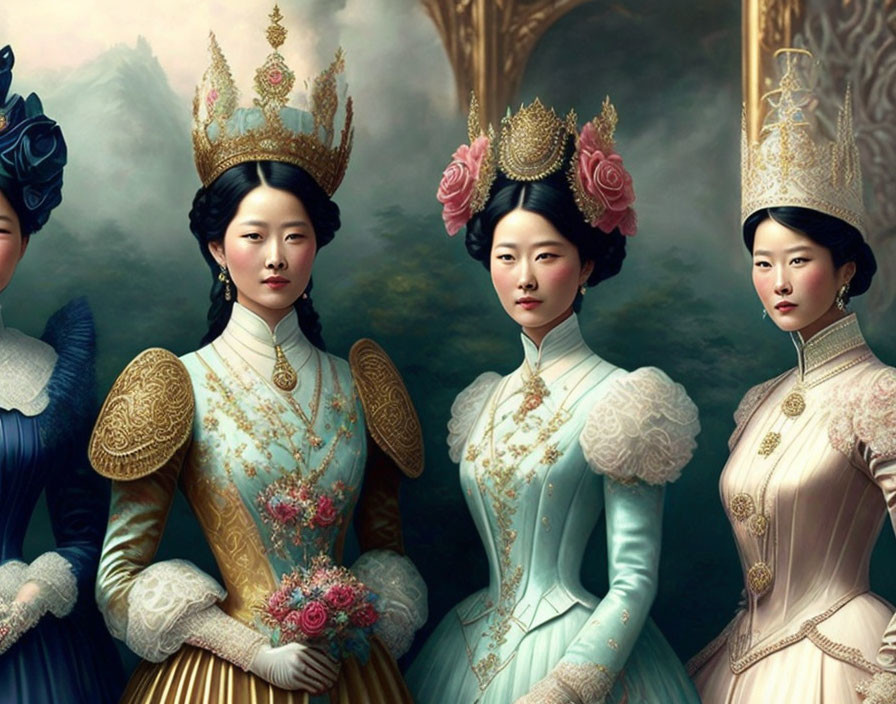 Four women in regal attire with elaborate crowns in a blend of Western and Eastern fashion against a