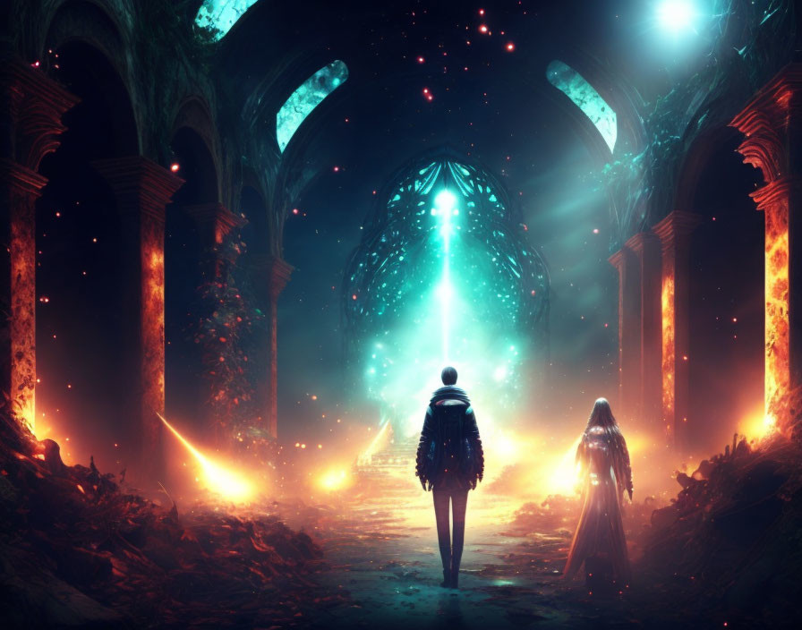 Ethereal glowing portal in grand hall with cloaked figure