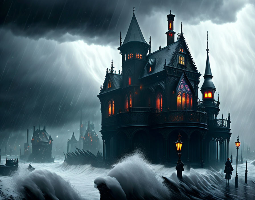 Gothic mansion under stormy sky with crashing waves and silhouettes.