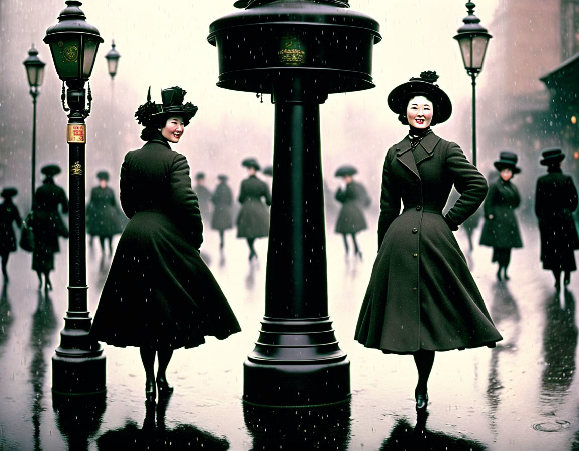 Vintage Attired Women Near Lamppost & Mailbox in Colorful Street