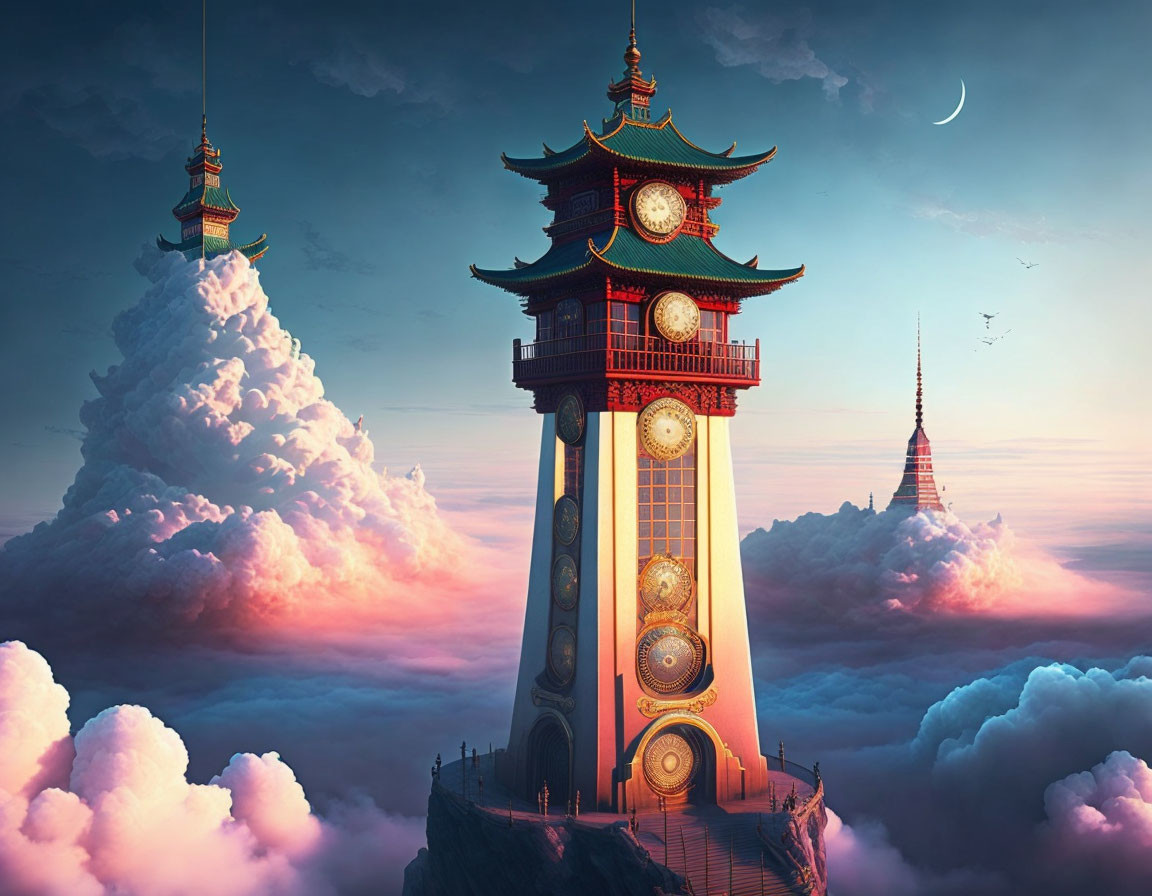 Towering Asian-inspired structure in twilight sky