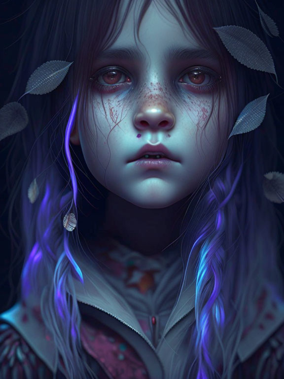 Digital artwork featuring young girl with glowing blue eyes, freckles, leaves, and luminescent