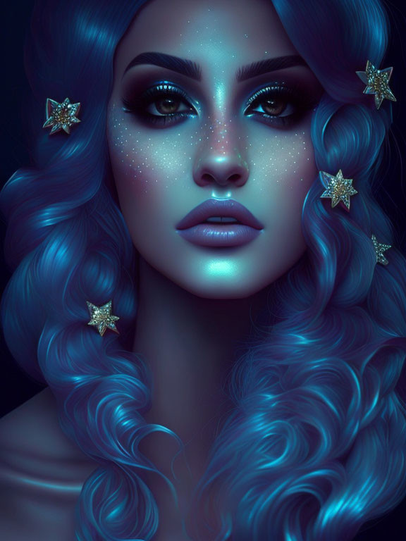 Woman with Deep Blue Hair and Starry Makeup on Dark Background