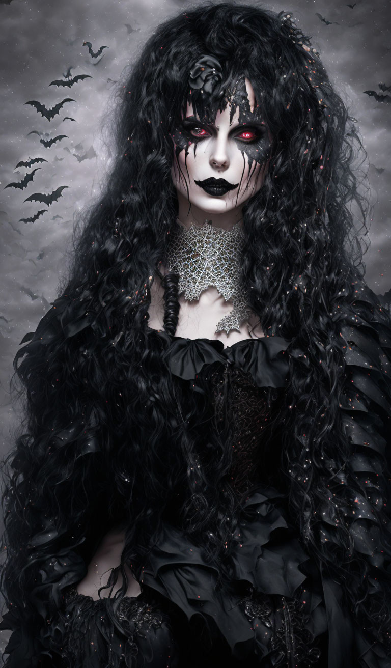 Person with gothic makeup, curly hair, dark attire, and bats in background.