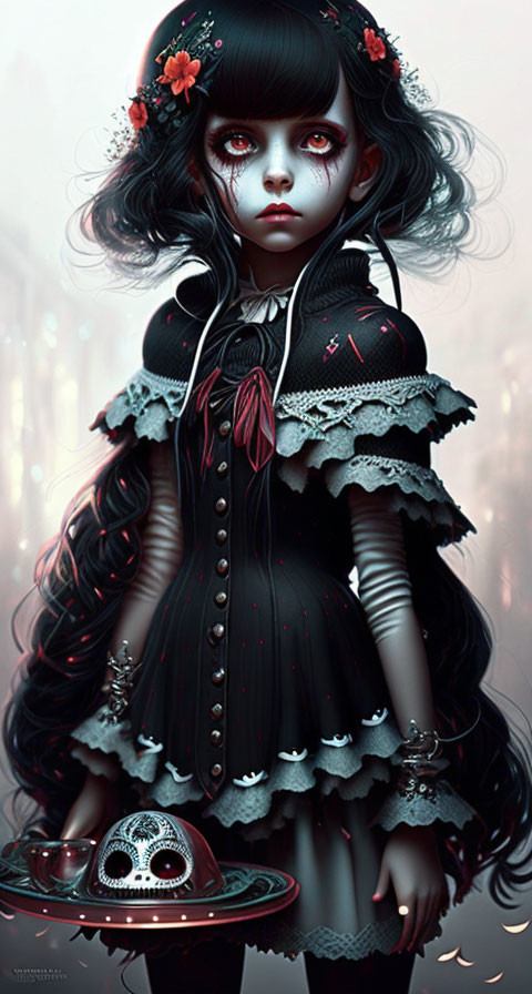 Gothic anime-style girl with dark hair, red flowers, black frilly dress, and skull