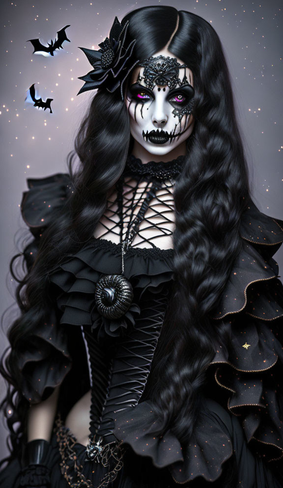 Elaborate Gothic makeup and attire with black floral headpiece against starry backdrop with bats.