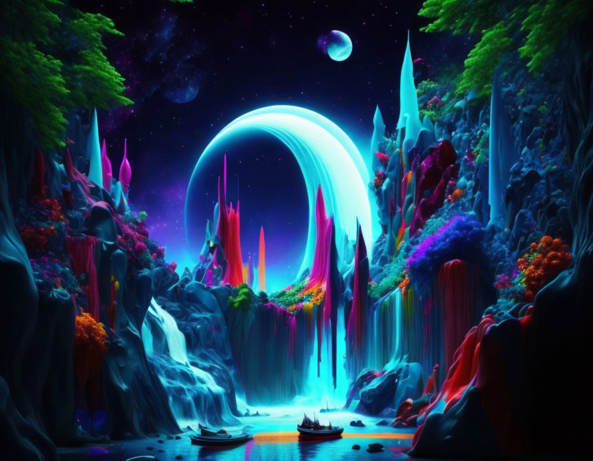 Fantastical neon landscape with waterfalls, luminous flora, boats, and large moon.