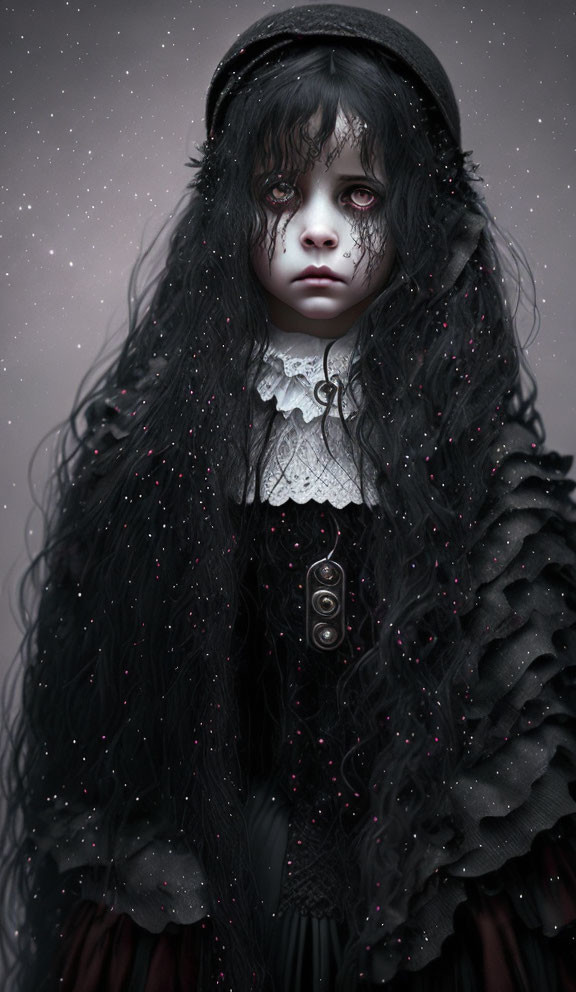 Dark-haired child in gothic attire with red eyes on starry backdrop