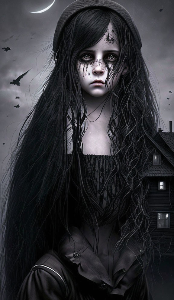 Dark-themed portrait of a pale girl with black hair, beret, bats, and eerie house.