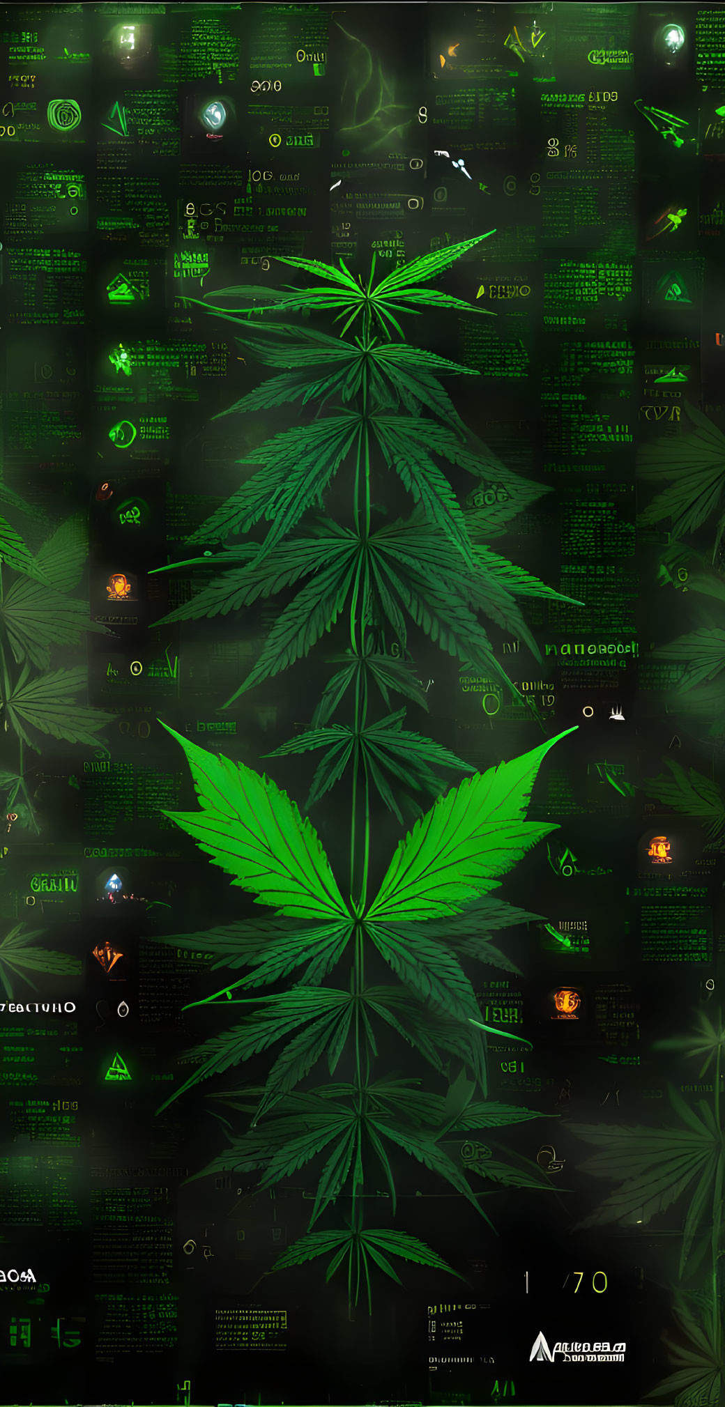 Green Cannabis Leaf Symbol in Futuristic Digital Interface