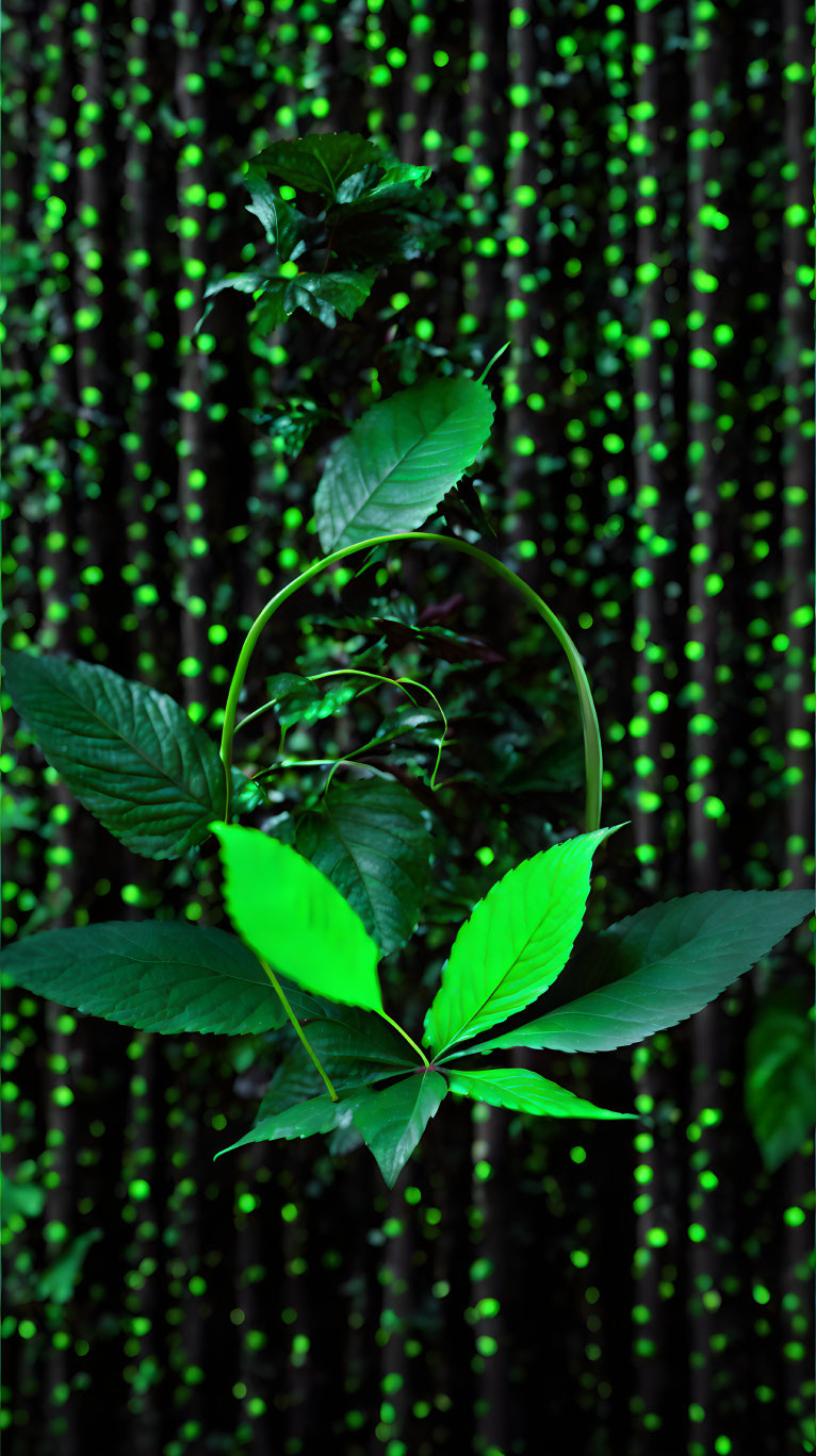 Green leaves with glowing outline against digital binary rain background