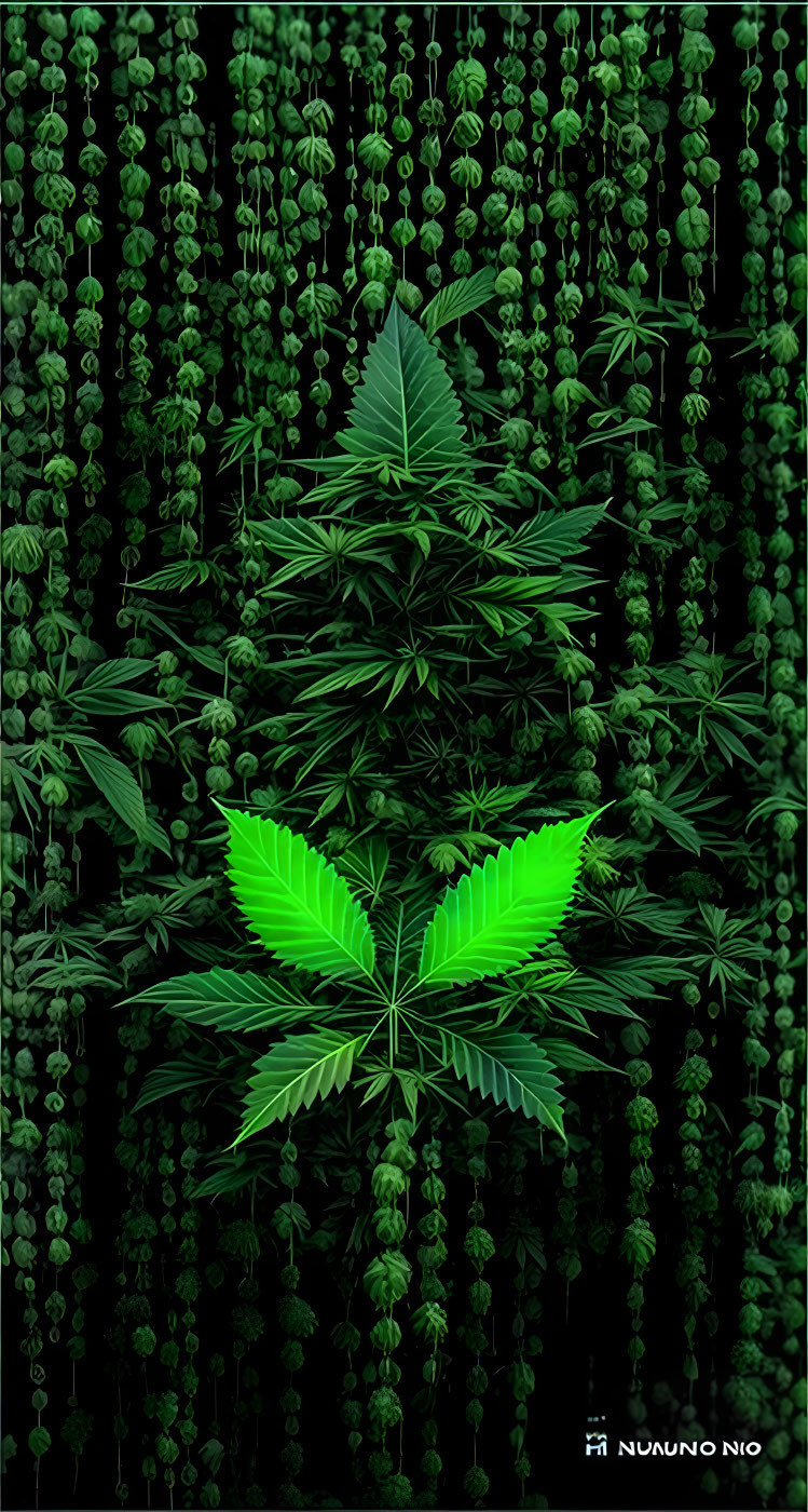 Vibrant green cannabis leaf on dark foliage backdrop with artistic overlay