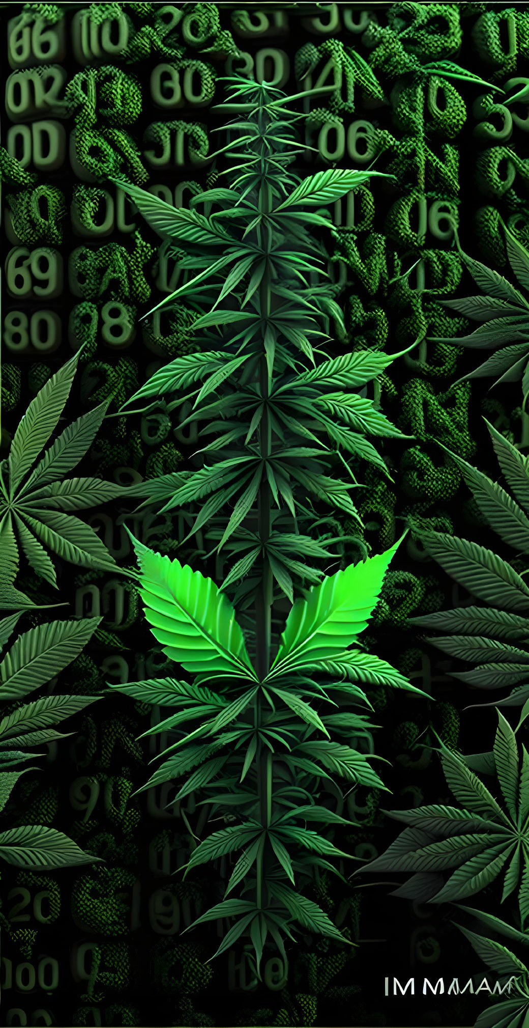 Vivid green cannabis leaves in digital art with matrix-style numbers