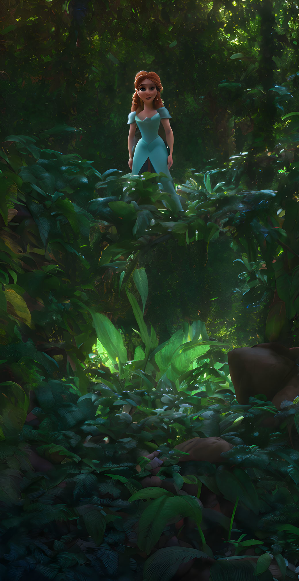 Cartoon character in vibrant forest setting.