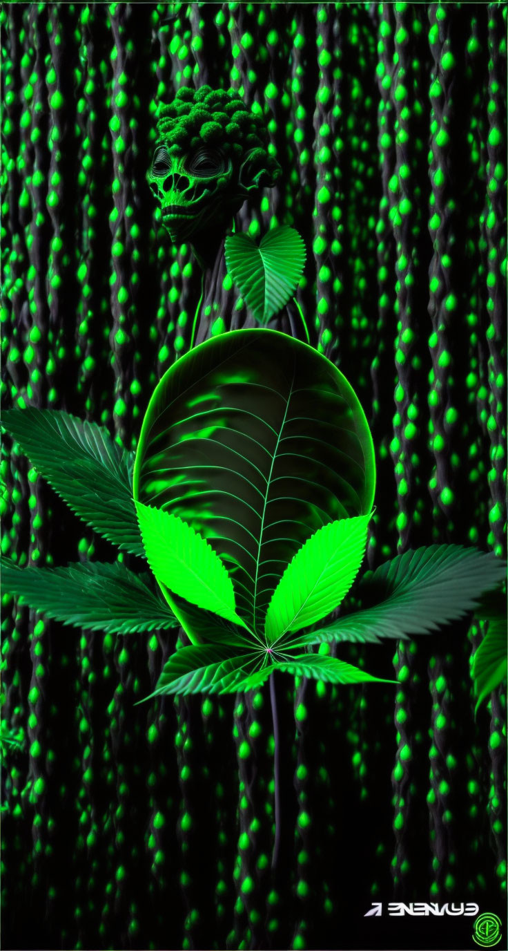 Digital artwork: Neon green cannabis leaves with sphere in matrix code backdrop