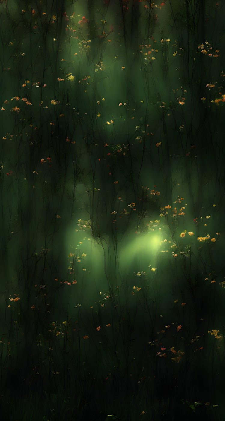 Enchanting forest glade with green light, yellow flowers, and dark trees