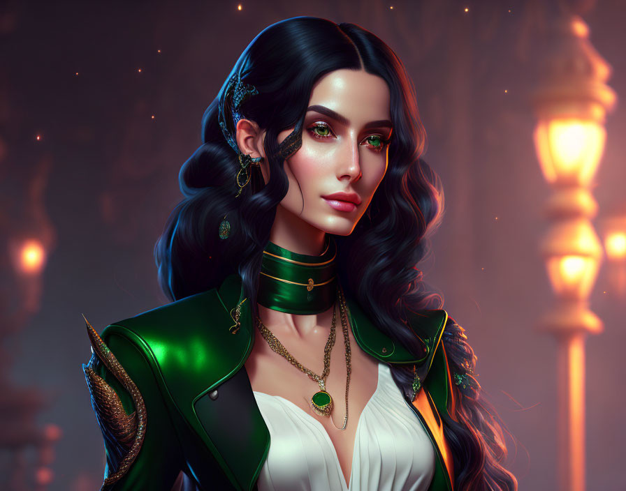 Digital artwork: Woman with long black hair, green eyes, green leather jacket, ornate golden accessories