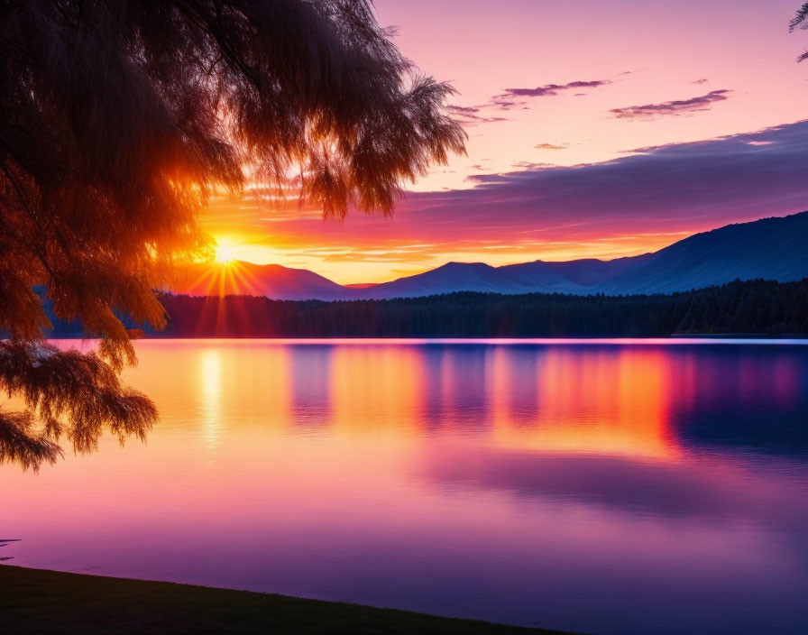 Scenic sunset over tranquil lake with mountains and tree.