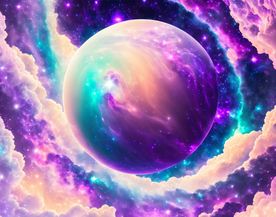 Colorful celestial digital artwork with large planet in cosmic scene