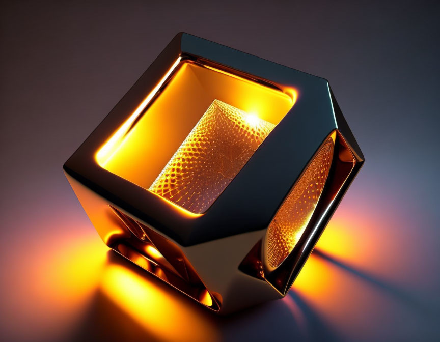 Futuristic glowing cube with orange edges and illuminated central pillar