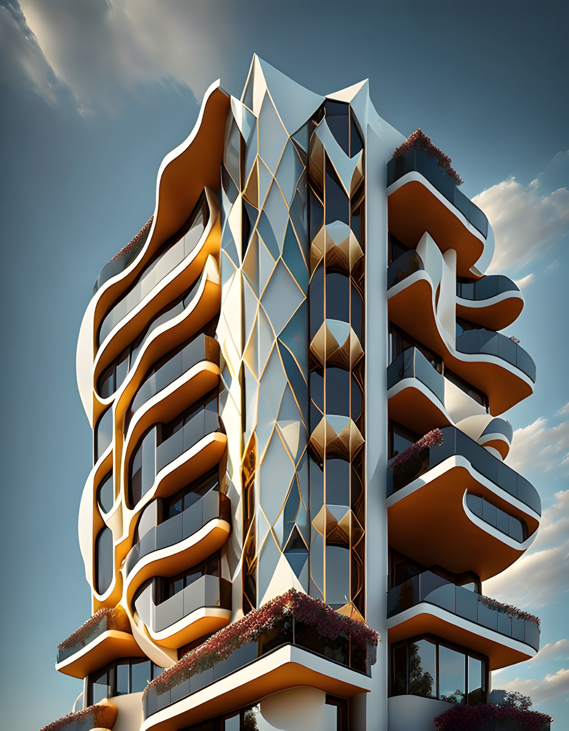 Organic wavy design on modern building facade with gold and white colors, greenery-filled balconies