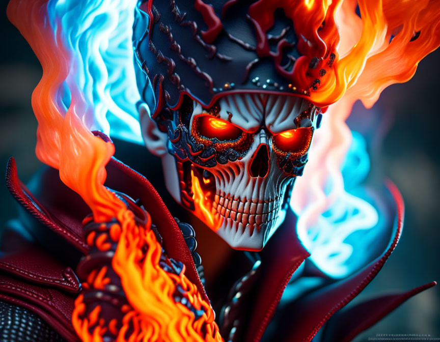 Detailed Close-Up: Fiery Skull Figure with Red Glowing Eyes and Flames