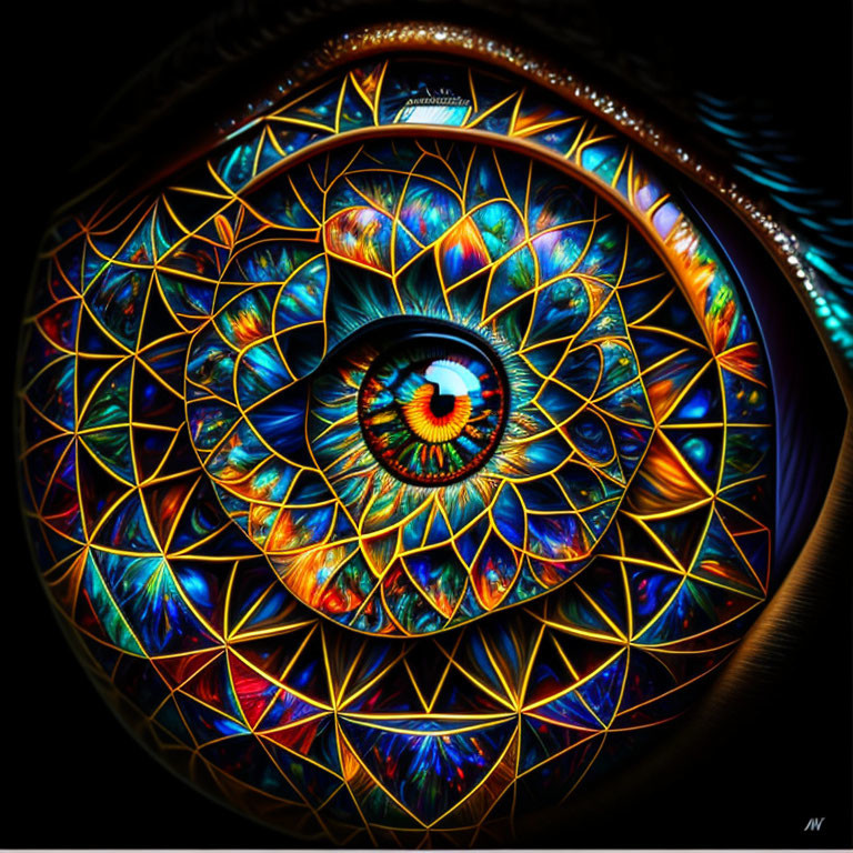 Detailed Macro Eye with Vibrant Fractal Patterns and Glowing Colors