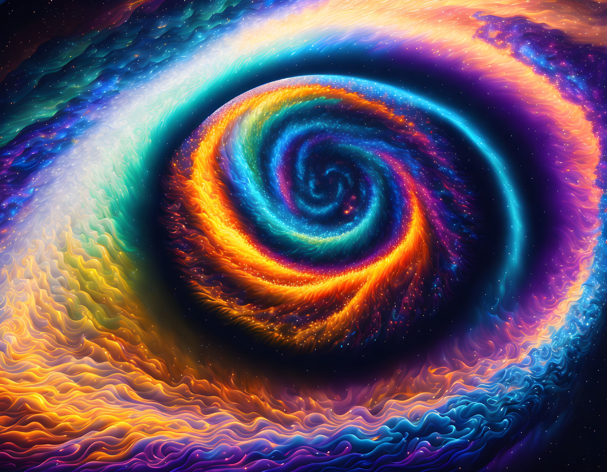 Colorful swirling galaxy digital artwork with deep blues, purples, oranges, and yellows.