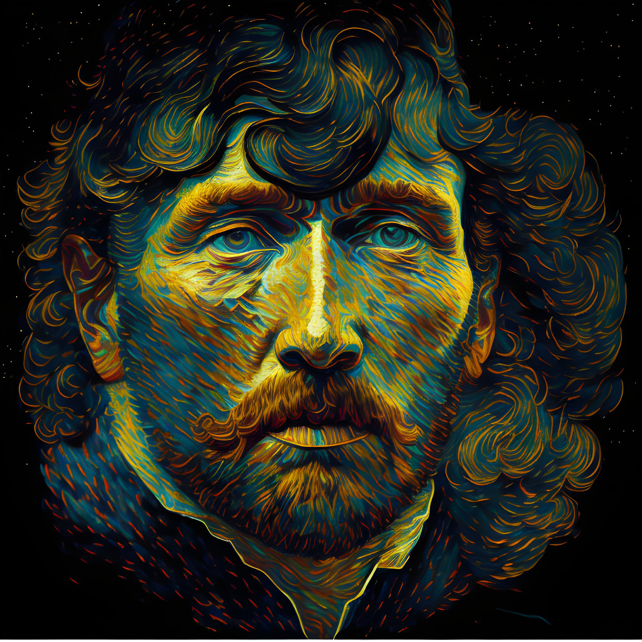 Colorful portrait of a man with curly hair on a starry background in neon brush strokes