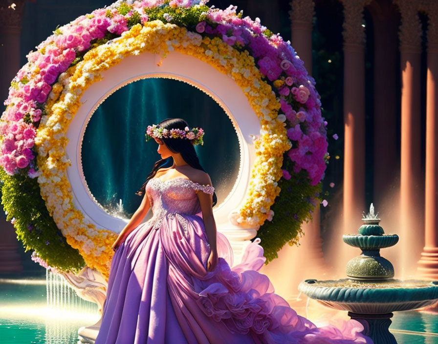 Woman in lilac gown in elegant courtyard with floral ring