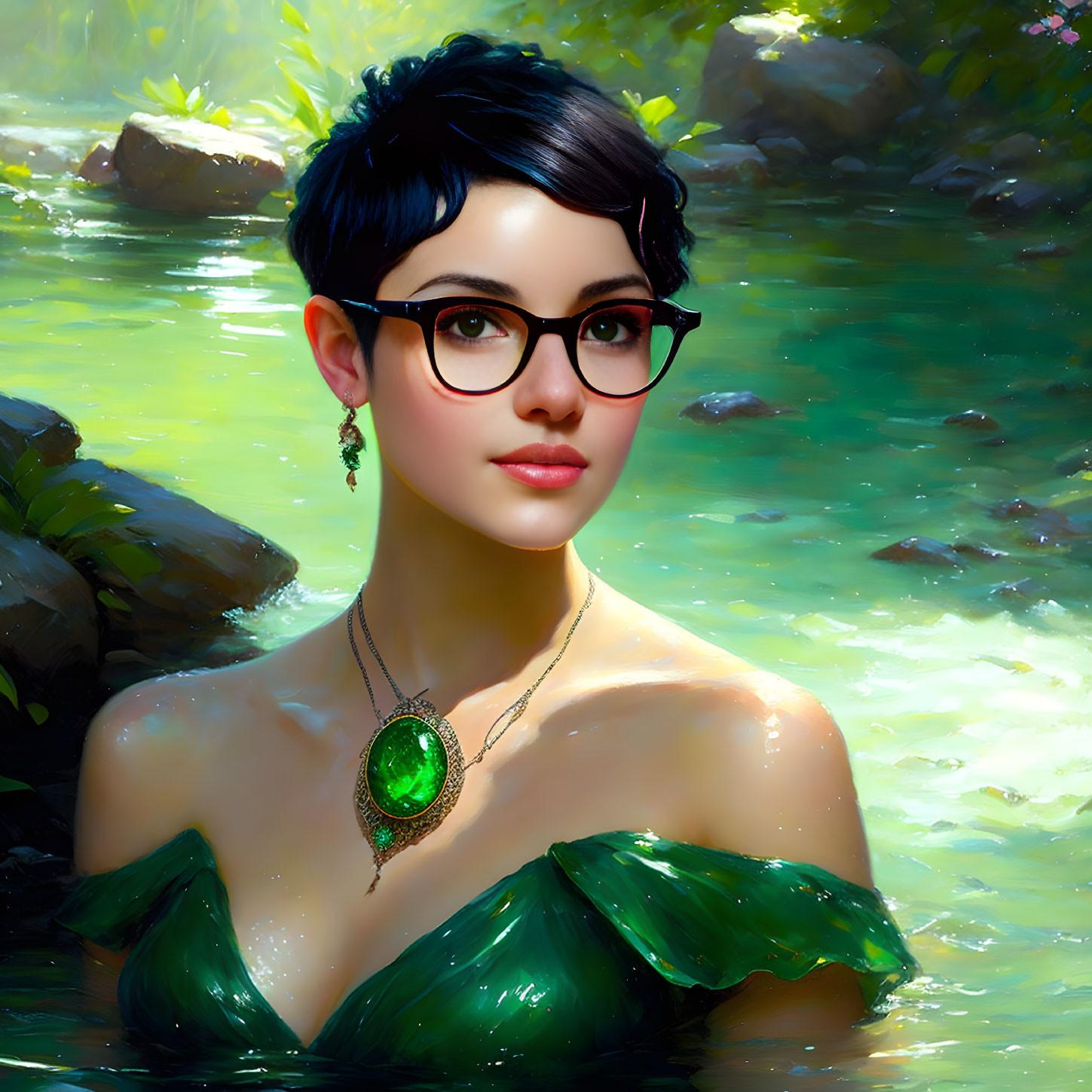 Woman with Short Hair and Glasses in Green Dress by Sunlit River